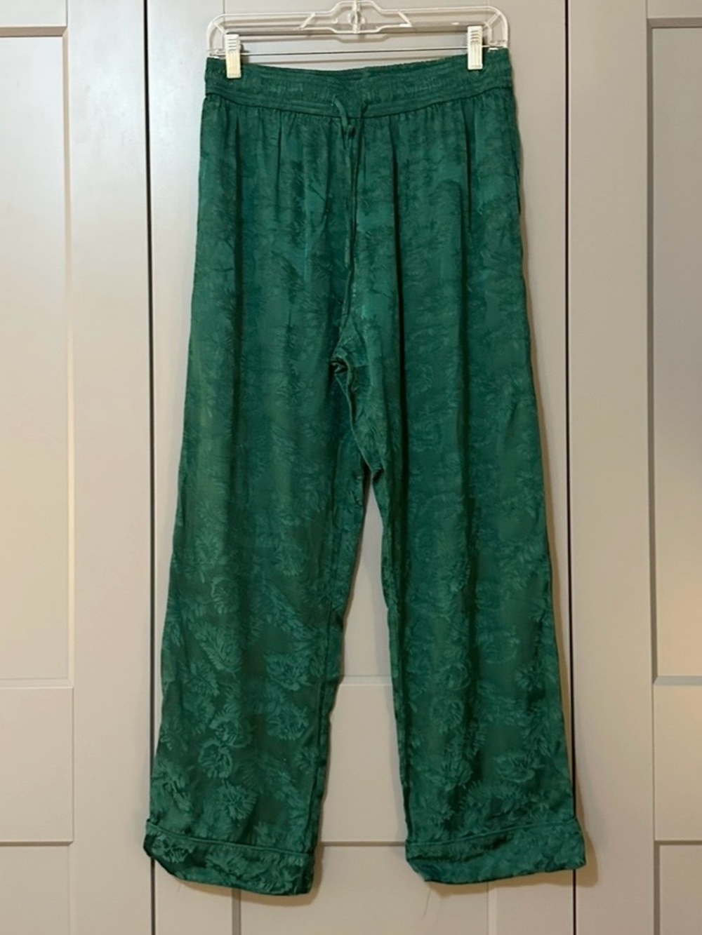 Buru Jacquard Satin Wide-leg Pants Pull On Drawstring Green Women’s Size Medium